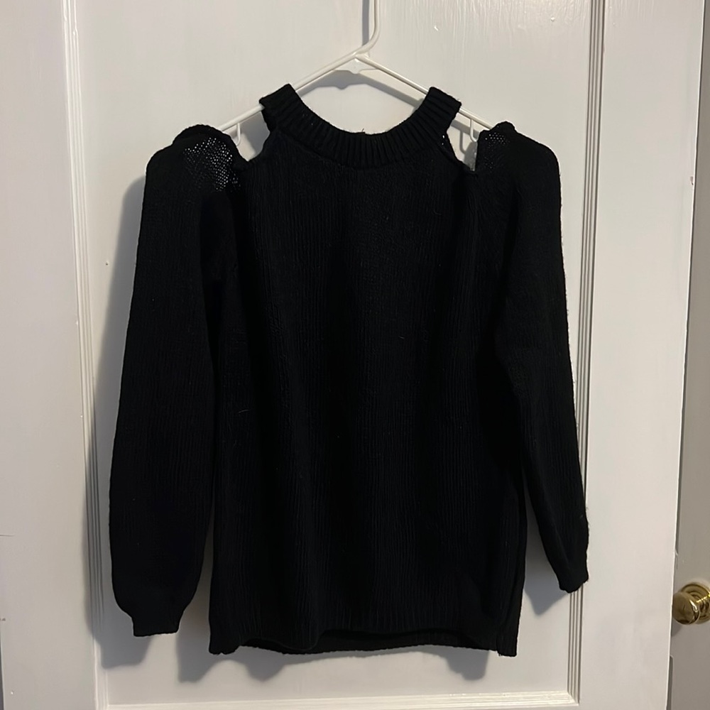 Black sweater, shoulder cut outs. Size “one size fits most”